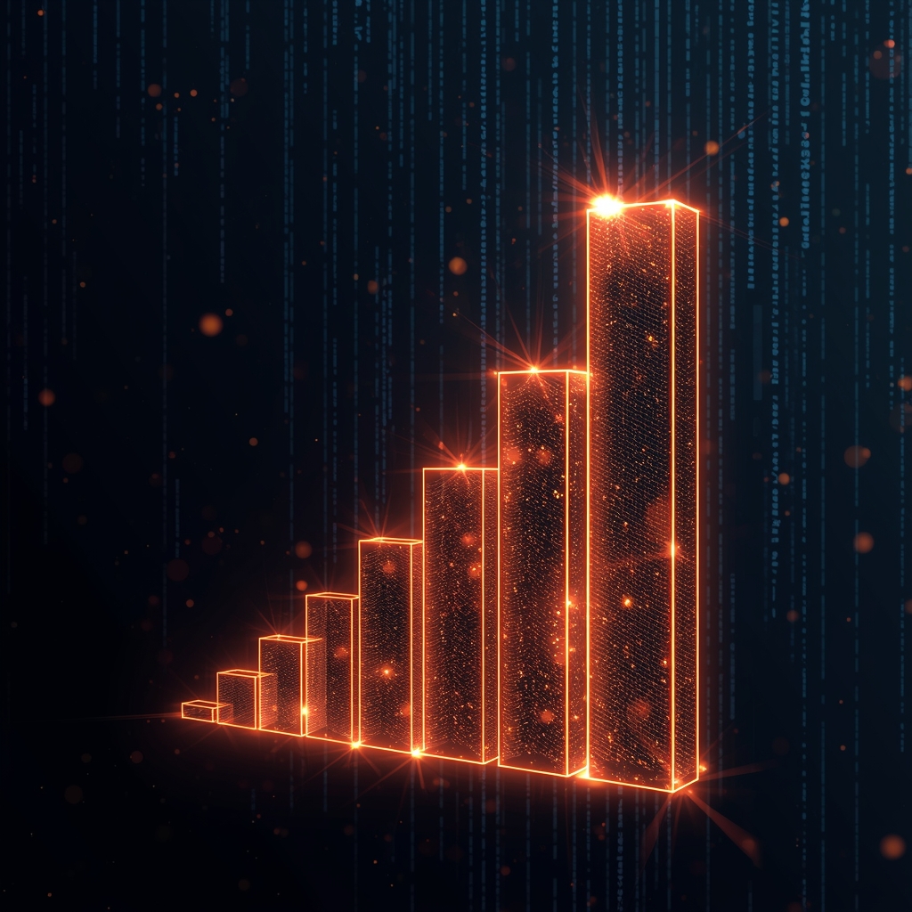 Generate an image of a glowing holographic bar chart growing upwards against a dark abstract data-driven background. (no woman image)